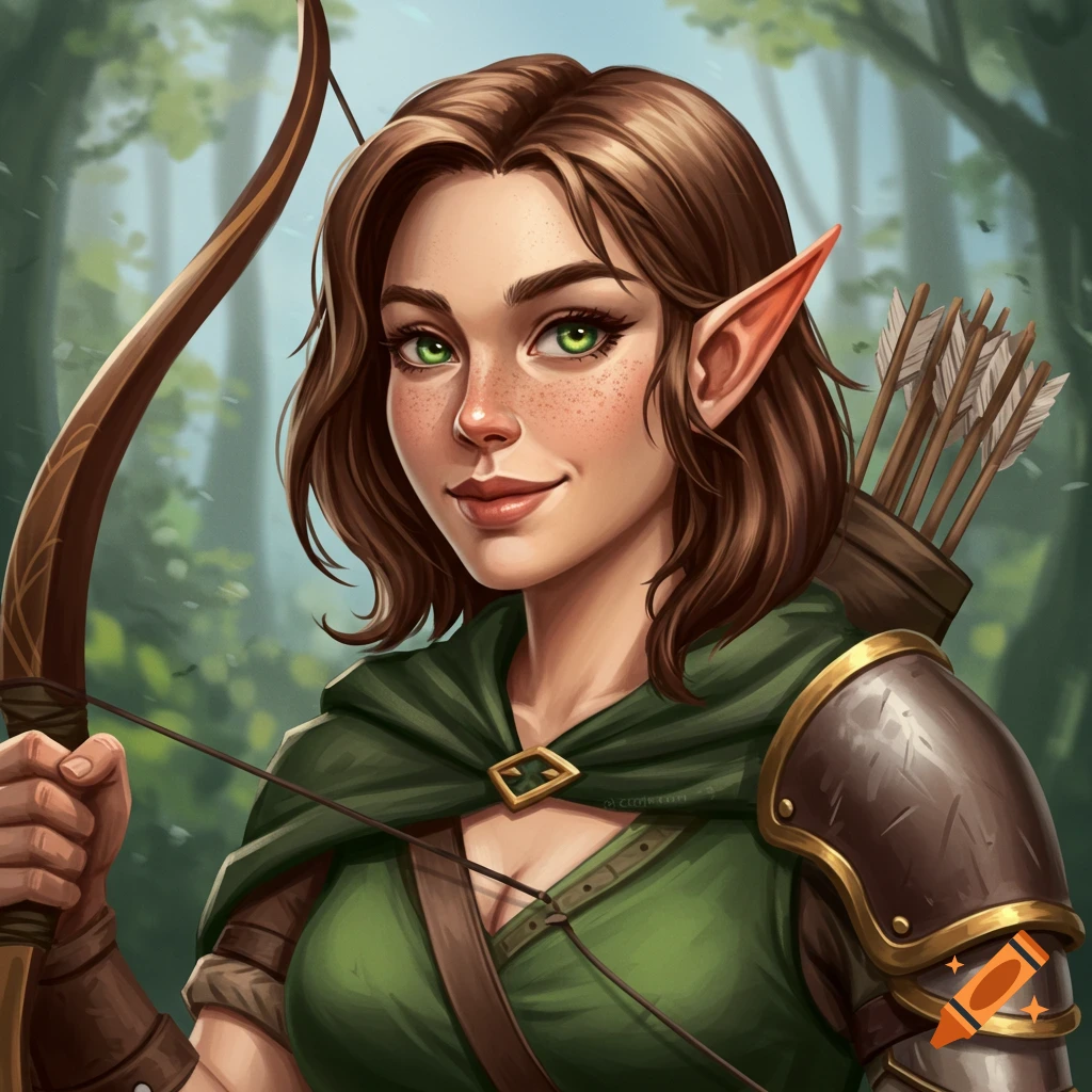 Portrait of a smiling female elf archer with freckles, holding a bow in a forest.