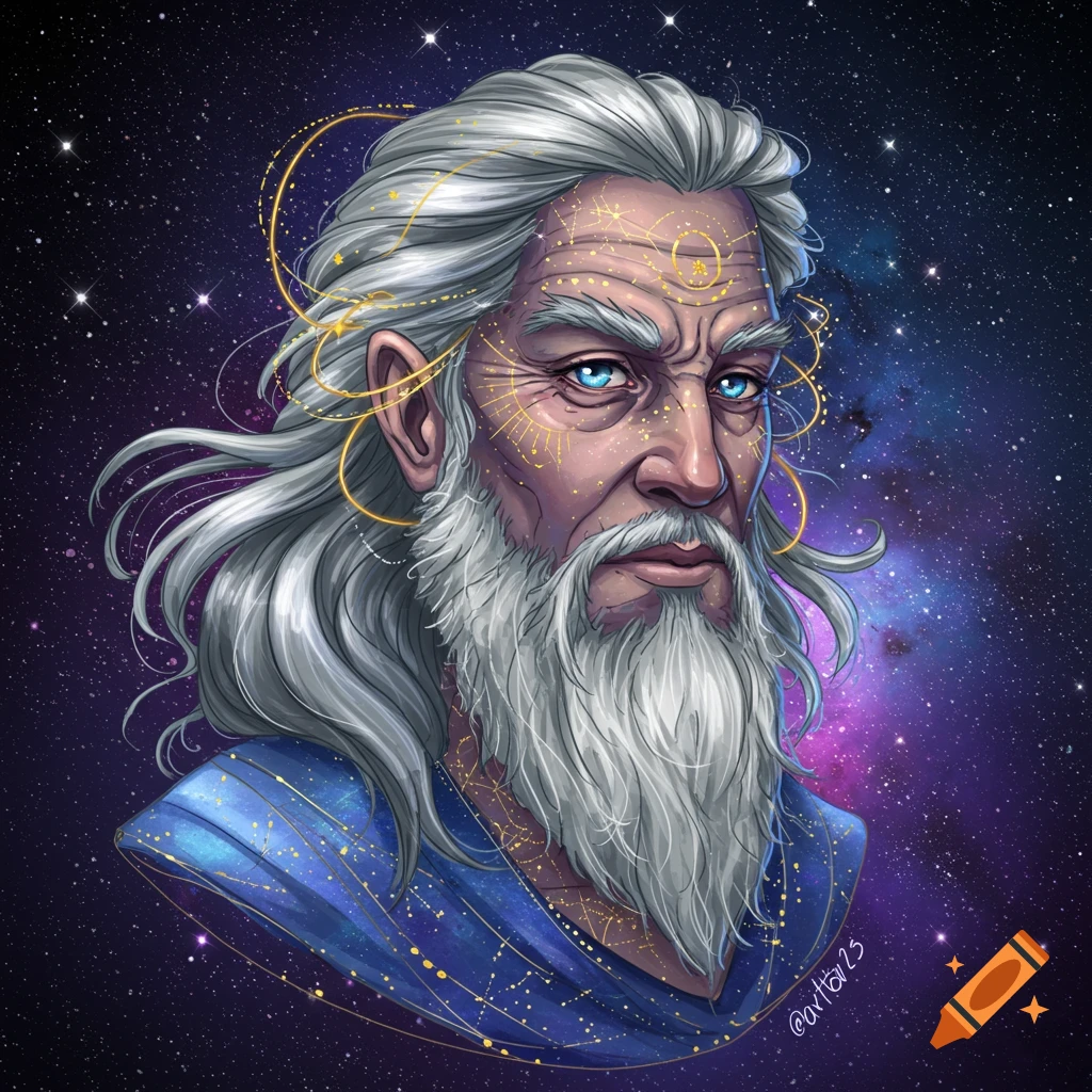 Portrait of an old man with a beard and celestial markings against a starry space background.