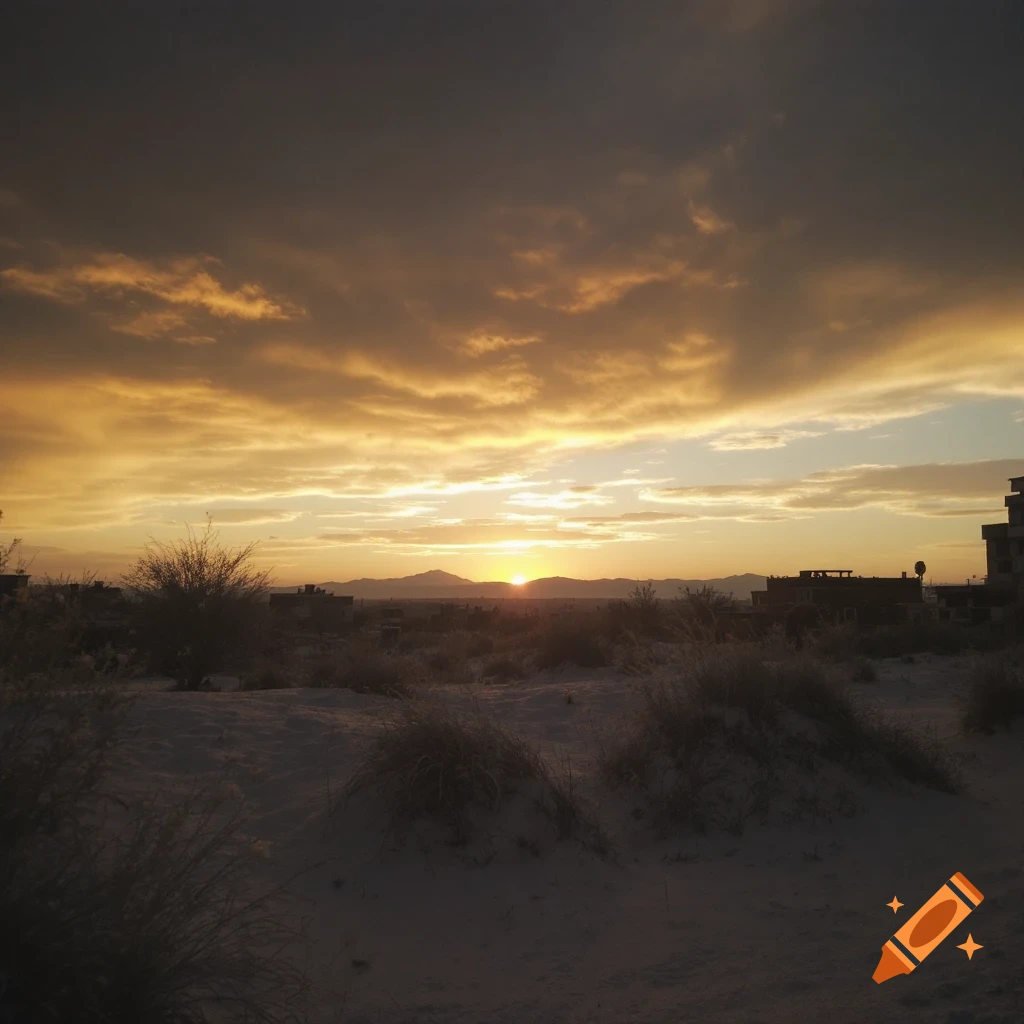 Sunset over a landscape with buildings and mountains in the distance.