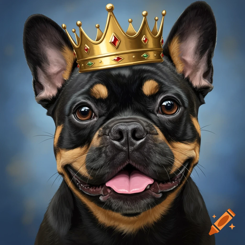A black and tan dog wearing a golden crown on a blue background