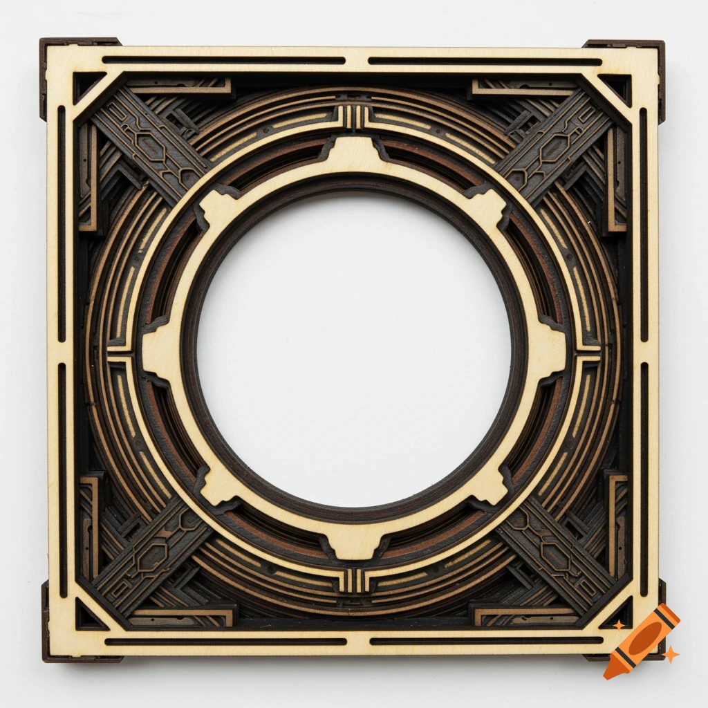 A square, multi-layered wooden frame with geometric patterns and a circular opening.