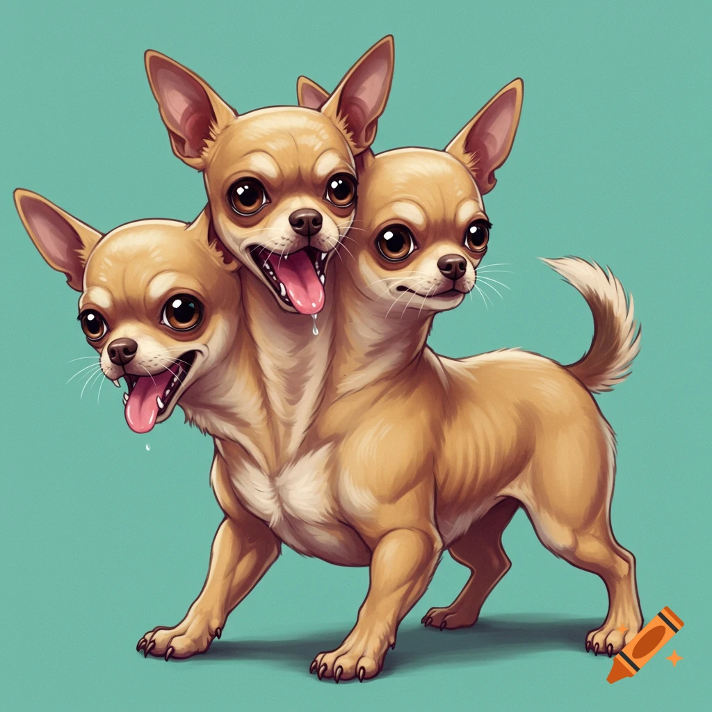 An illustration of a three-headed chihuahua standing.