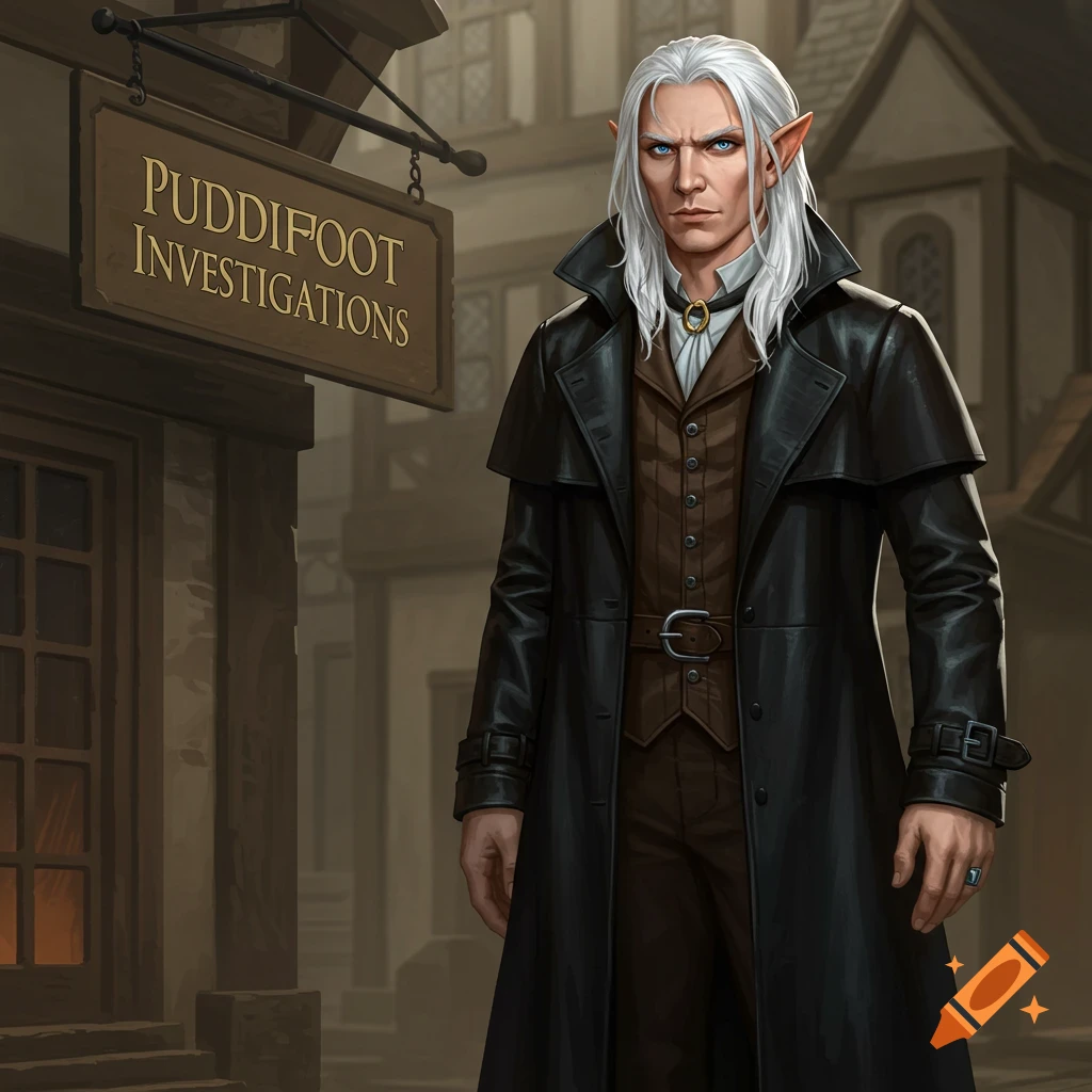 A fantasy detective with white hair and blue eyes stands before a sign reading 'PUDDIFOOT INVESTIGATIONS'.