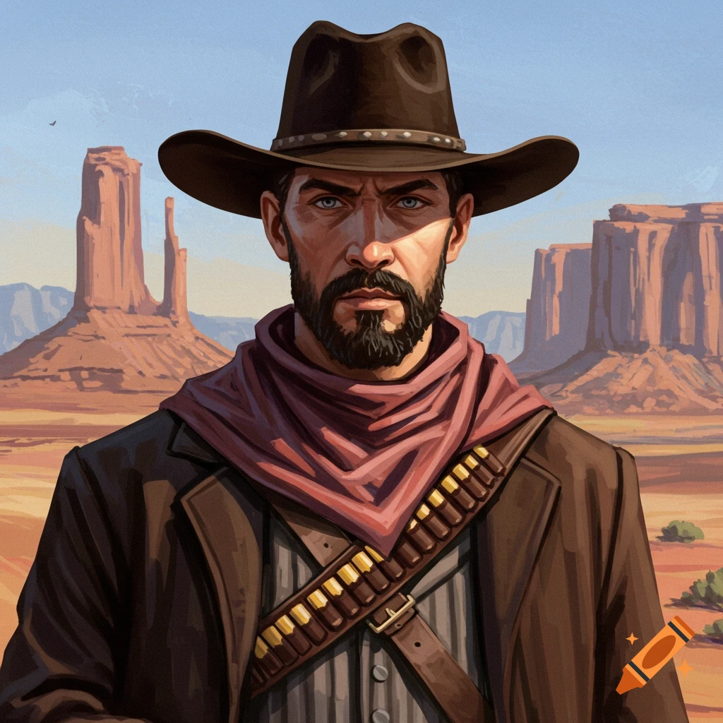 Illustration of a cowboy in a hat and bandana in a desert landscape with large rock formations.