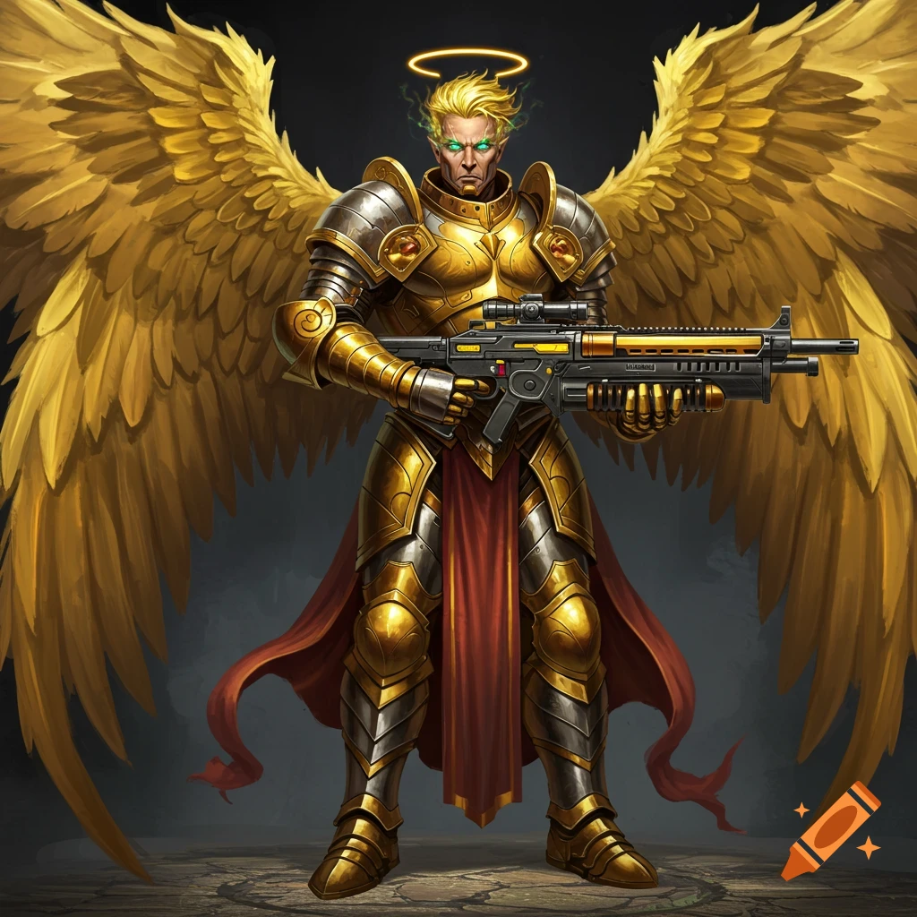 Fantasy character of a male angel in golden armor with large wings holding a futuristic rifle.