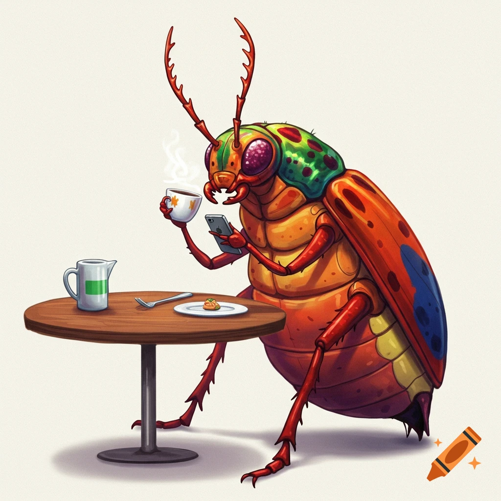 Cartoon beetle sitting at a table, drinking from a cup and looking at a smartphone.