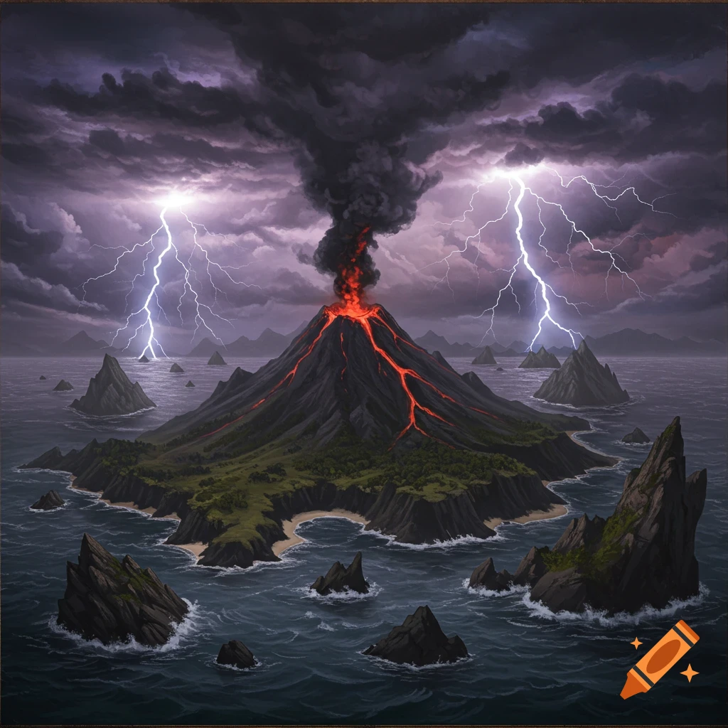 A volcanic island with lava flows and dark smoke under a stormy sky with lightning over the ocean.