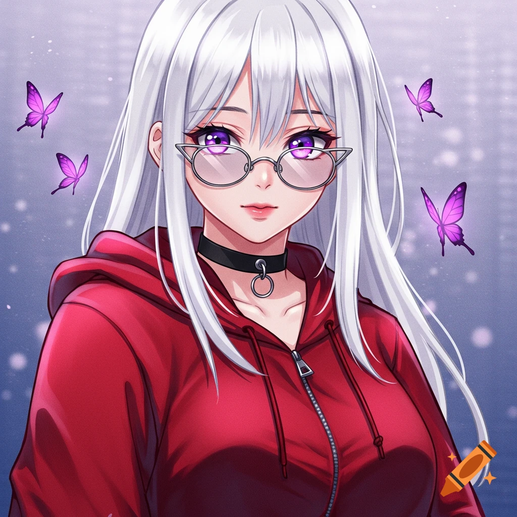 Anime portrait of a woman with white hair, glasses, and a red hoodie, with purple butterflies.