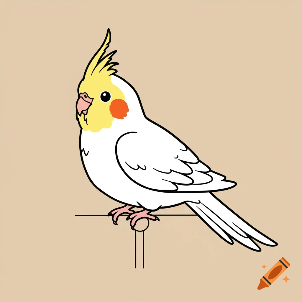 Simple cartoon illustration of a cockatiel bird on a perch.
