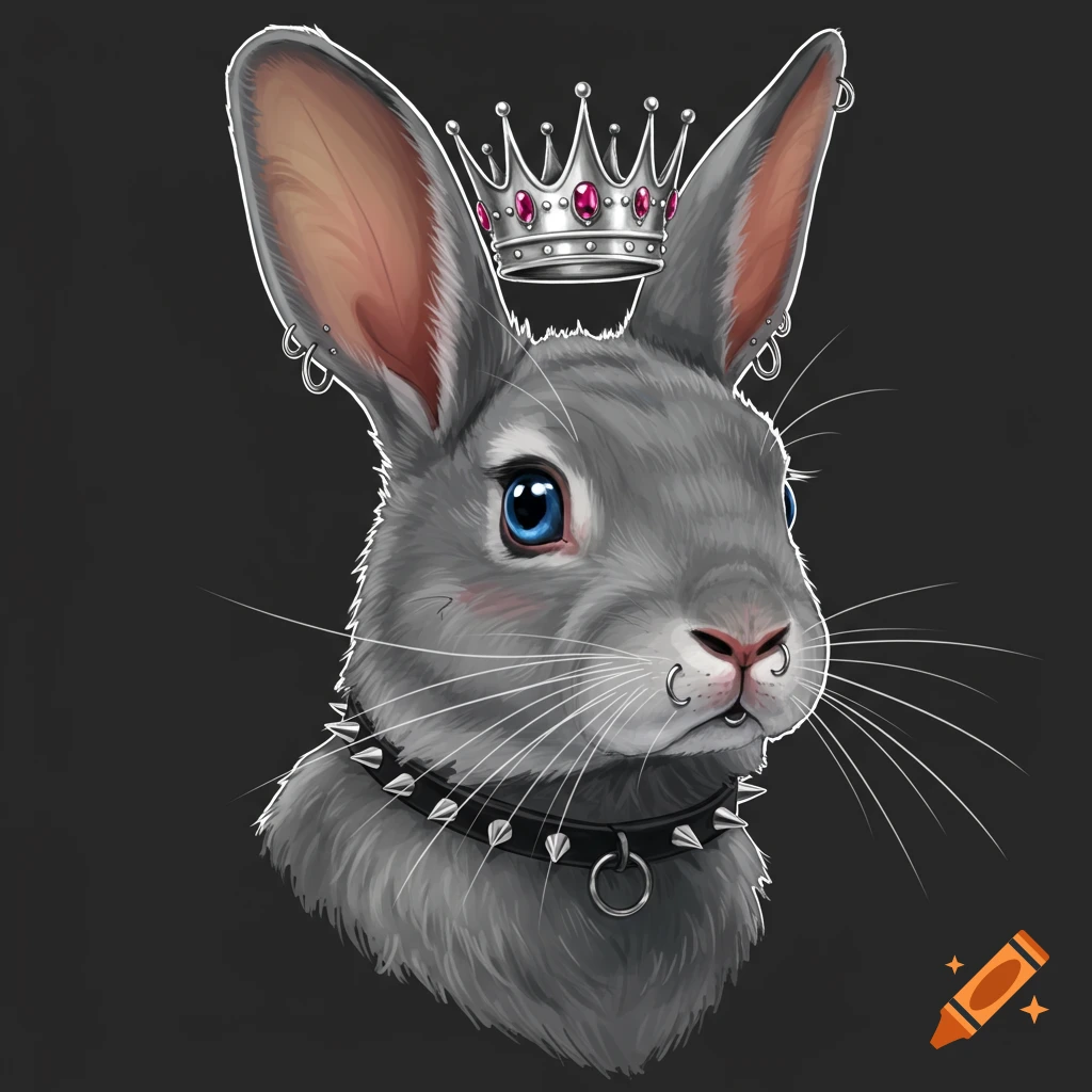 Illustration of a gray rabbit head wearing a crown, piercings, and a spiked collar.