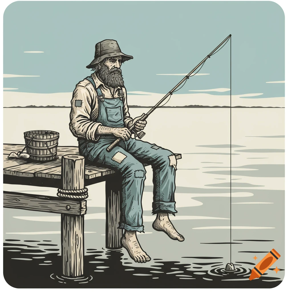Illustration of an old man with a beard and patched overalls fishing from a wooden pier.