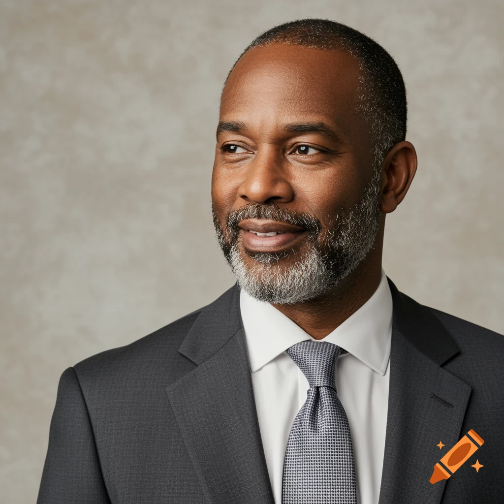 Portrait of a smiling Black man in a suit and tie looking left.