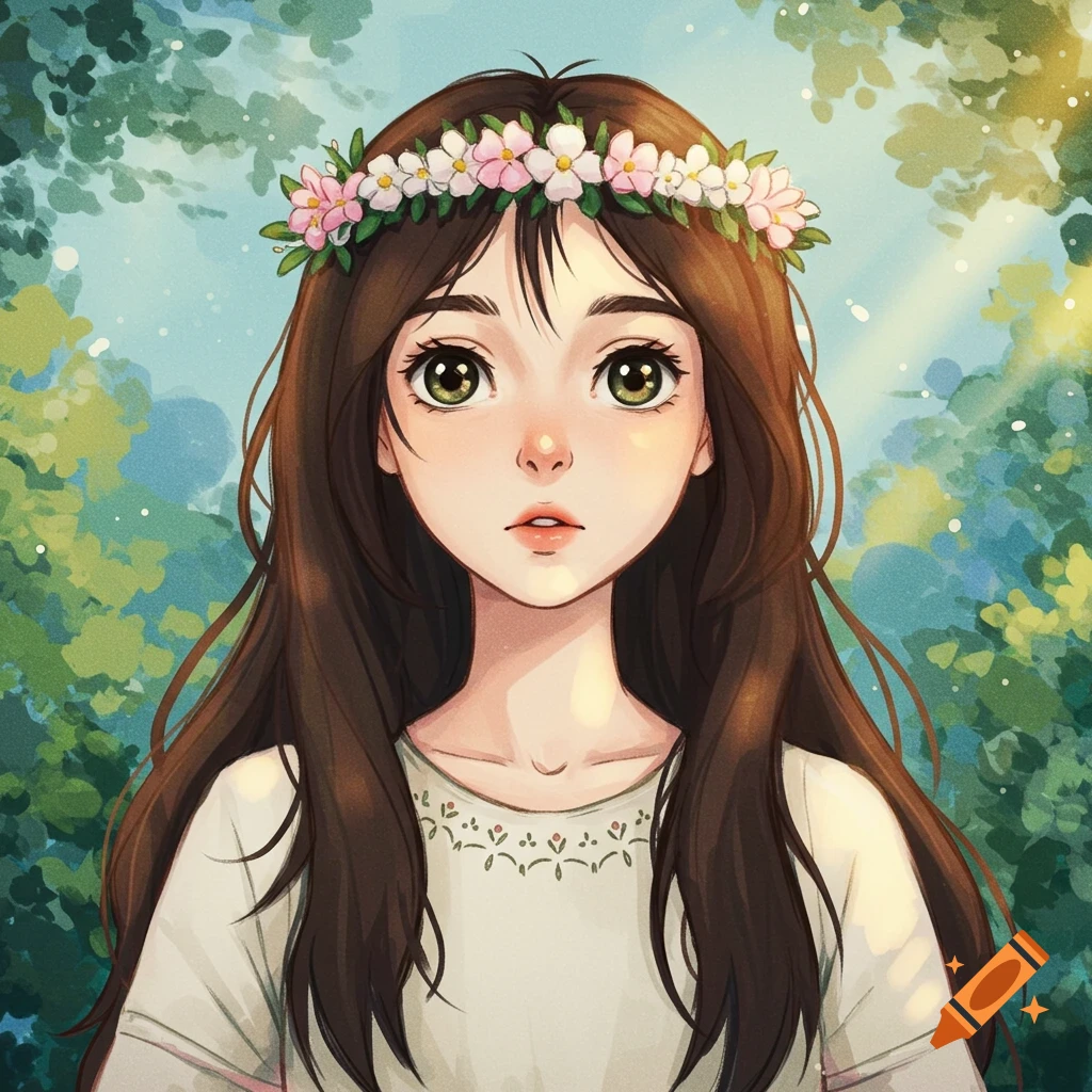 Anime portrait of a girl with a flower crown in a forest