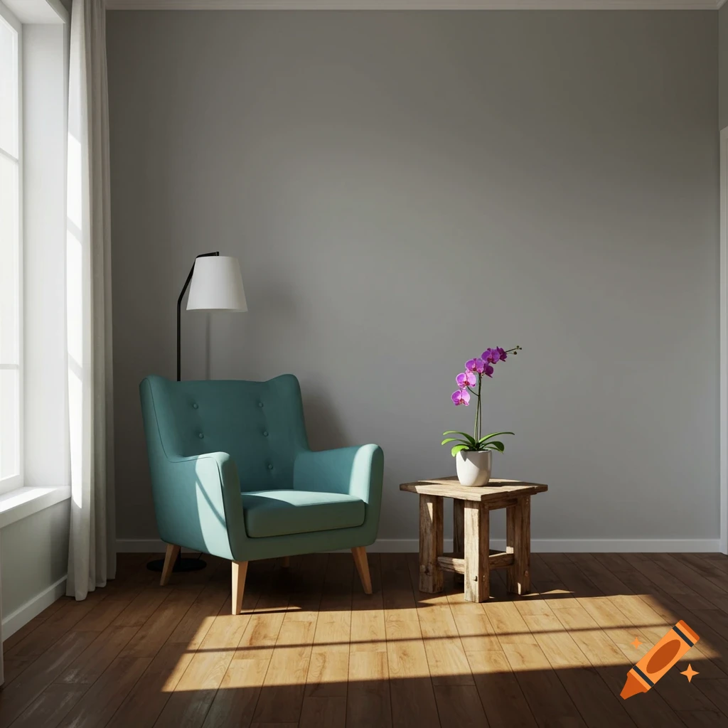 A teal armchair next to a small wooden table with an orchid, lit by sunlight in a room.