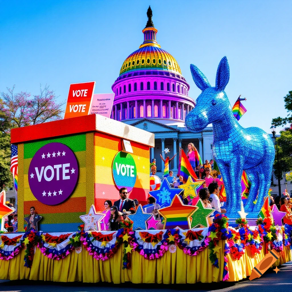 A vibrant pride parade float features a large ballot box, a glittery blue donkey, and a rainbow U.S. Capitol dome in the background. Signs say VOTE.