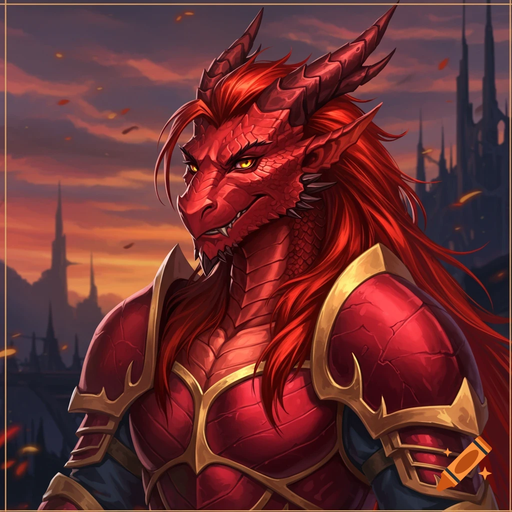 A portrait of a red humanoid dragon in red and gold armor against a sunset sky and castle backdrop.