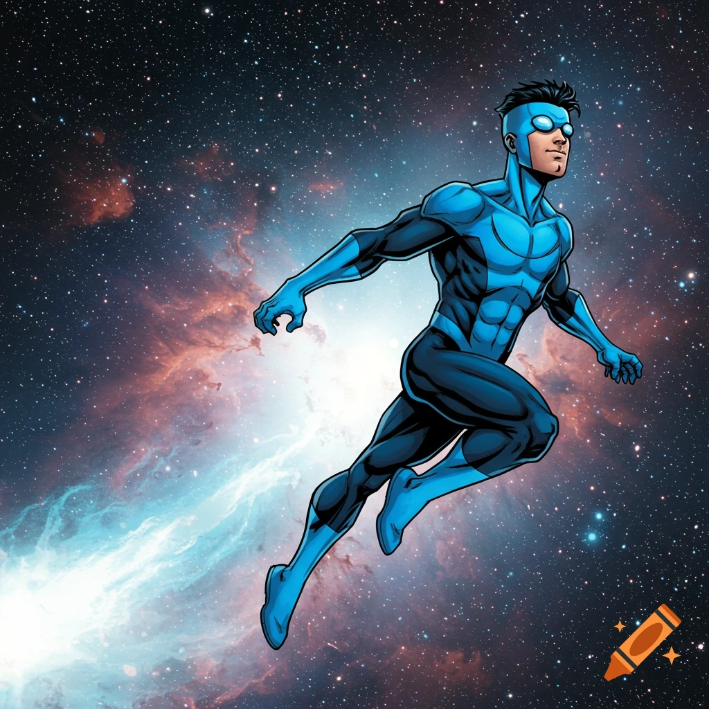 A superhero in a blue suit flies through space