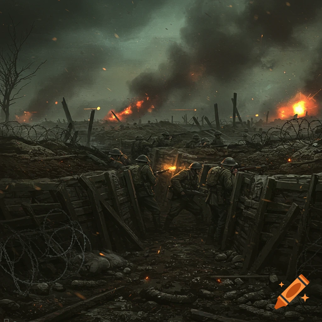 Soldiers in a trench during a World War I battle, with explosions and smoke.