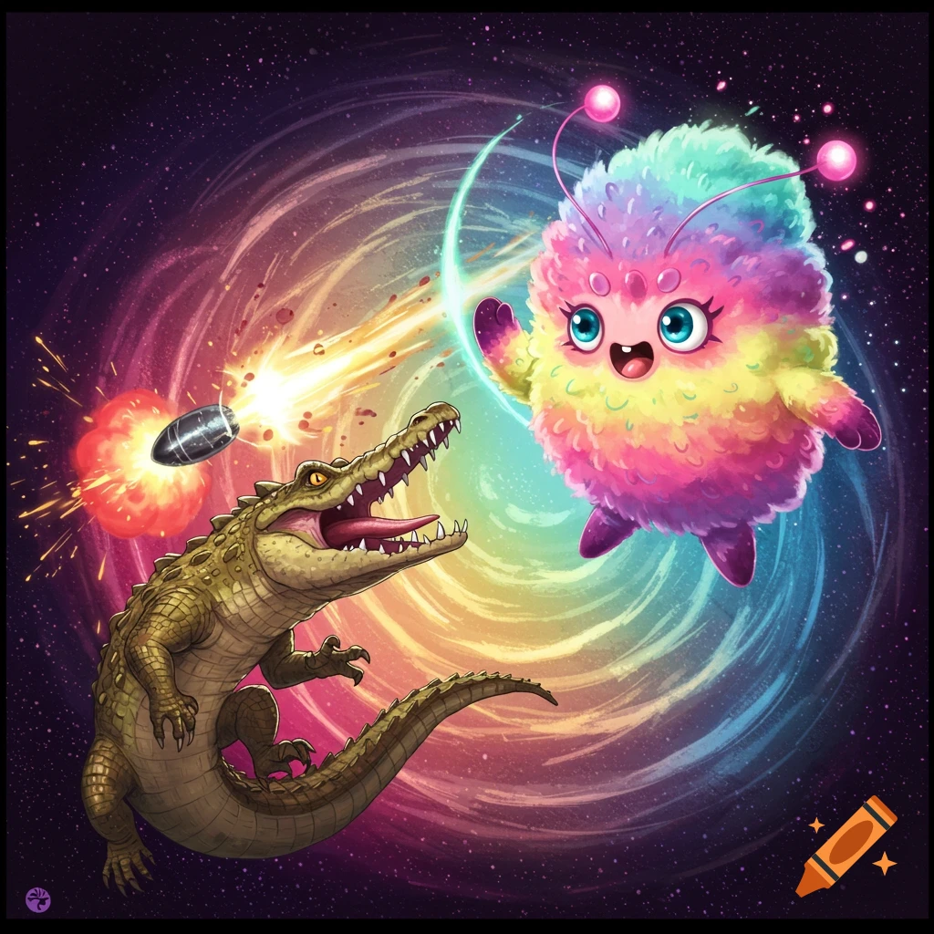 Cartoon crocodile is hit by a missile as a fluffy, colorful creature watches in space.