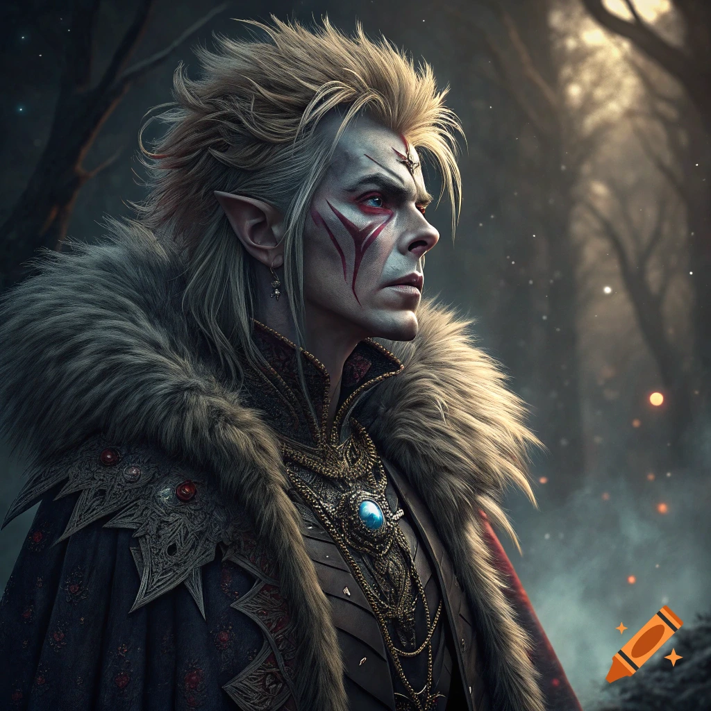 A fantasy portrait of a character with elf-like ears, face paint, and a fur collar in a dark forest.