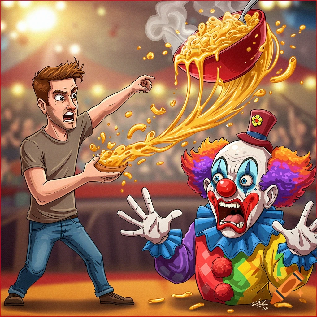 Cartoon illustration of a man throwing mac and cheese at a startled clown in a circus tent.