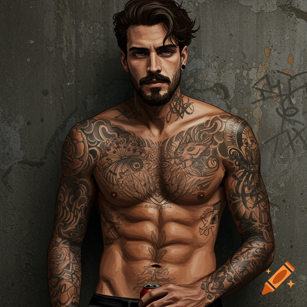 Illustrative portrait of a muscular, heavily tattooed man with dark hair and beard, holding a can, leaning against a graffiti wall.