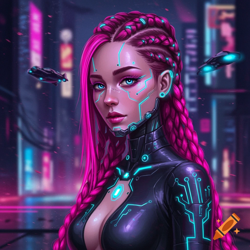 Cyberpunk ninja woman with black hair and red cybernetic