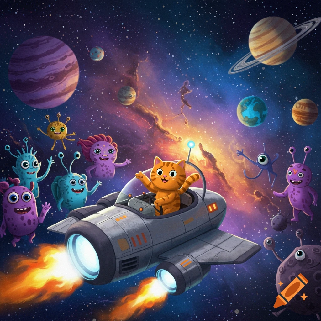 Cartoon illustration of an orange cat piloting a spaceship with friendly aliens and planets in the background.