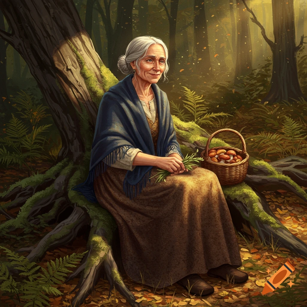 An old woman sits by a tree root in a sunlit forest, holding greens, with a basket of mushrooms beside her. Painted illustration.