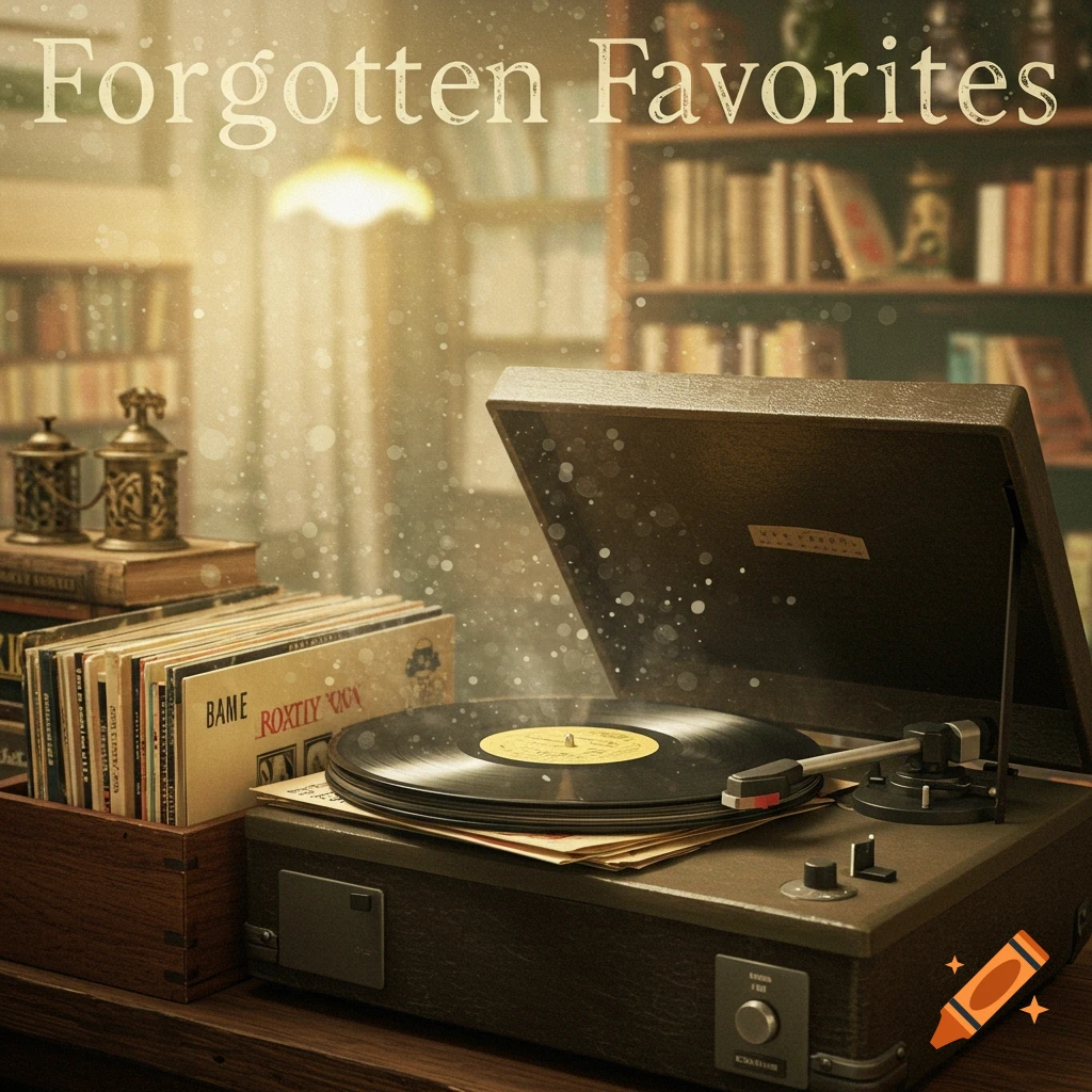 Vintage record player and vinyl records in a dusty room with bookshelves, text 'Forgotten Favorites'