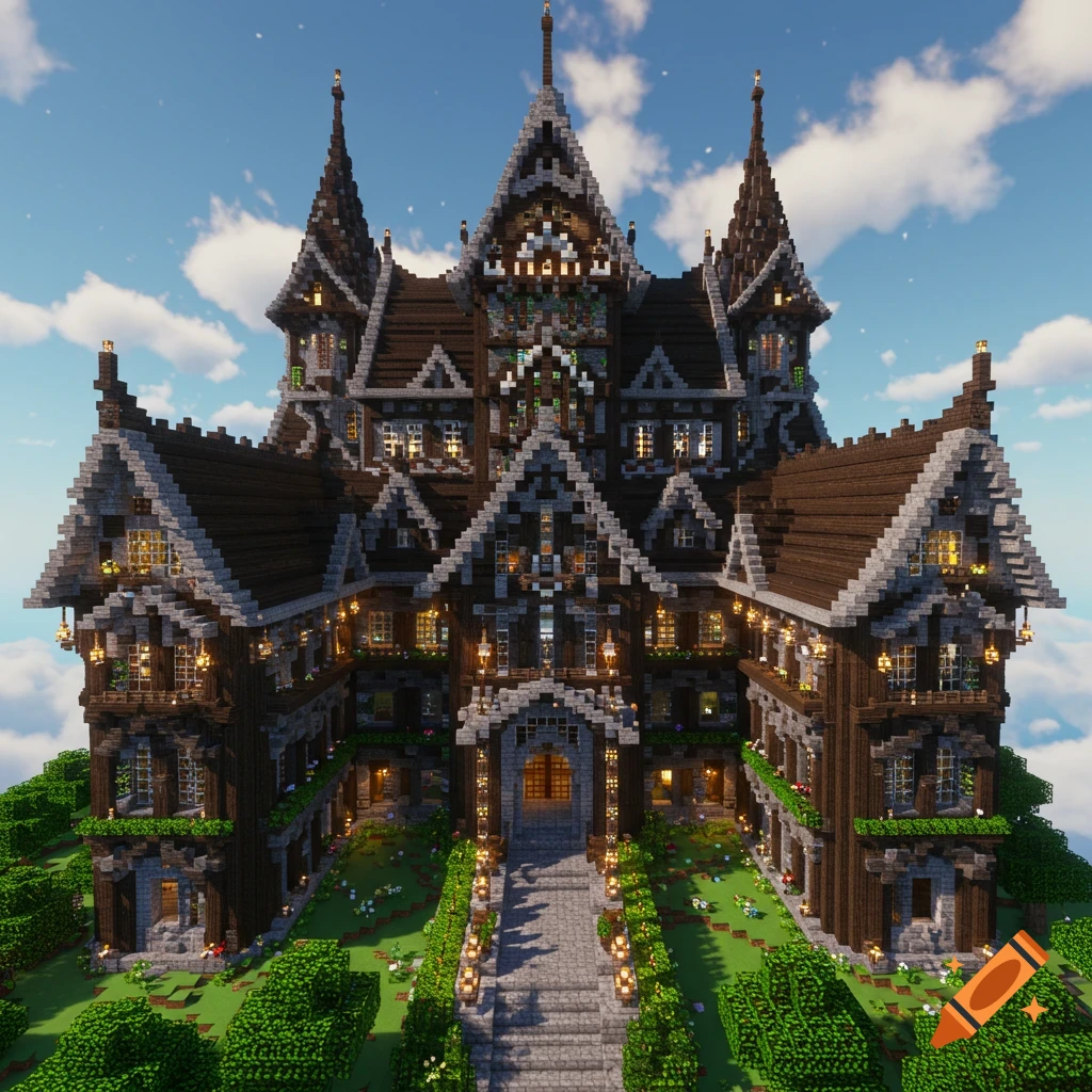 Large, elaborate Minecraft mansion built from stone and dark wood blocks, with multiple towers and a pathway.