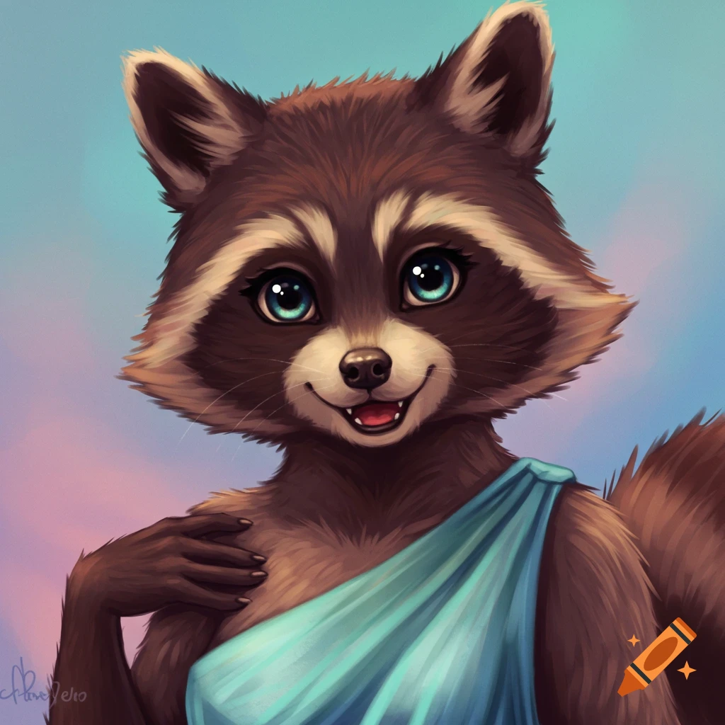 An illustration of an anthropomorphic raccoon wearing a blue toga.