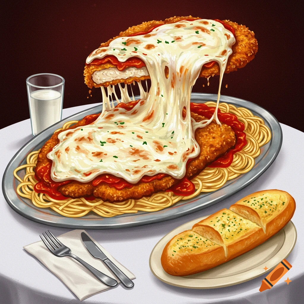 A comically large chicken parm with melting cheese over spaghetti, served with garlic bread and milk.