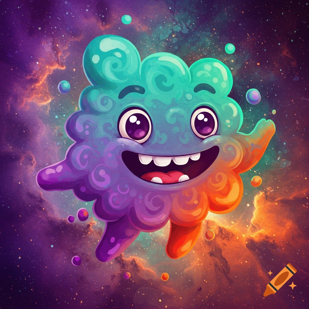 Colorful cartoony monster floats in space surrounded by bubbles