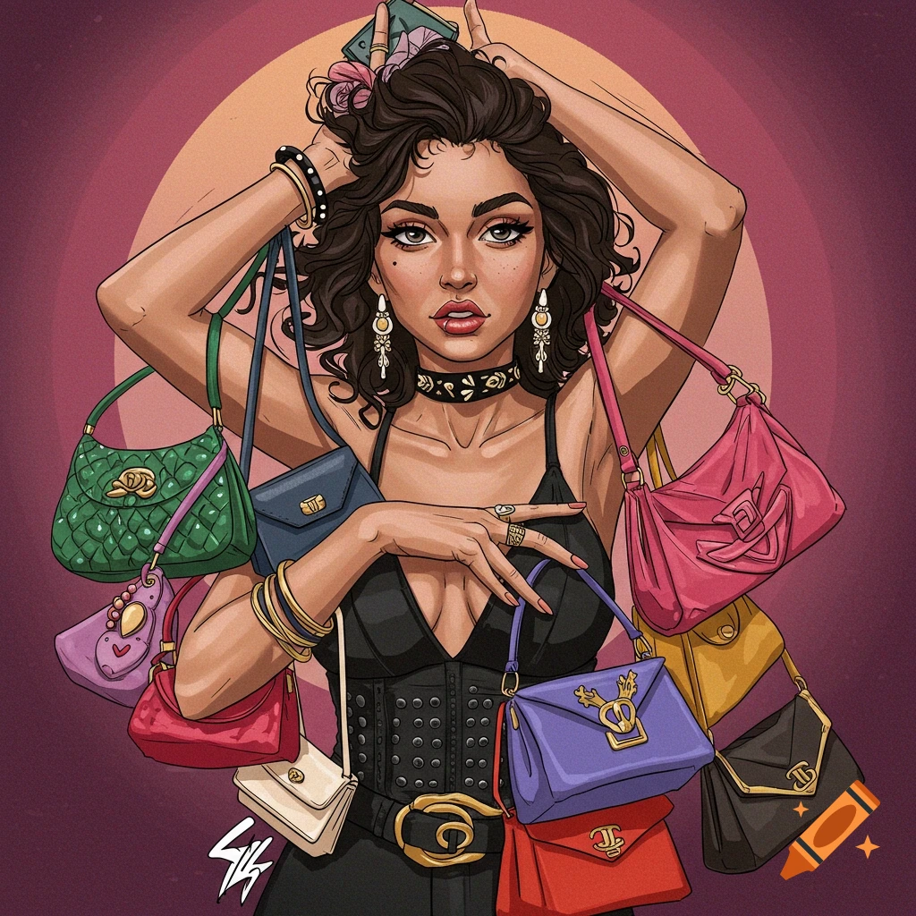 Illustration of a stylish woman with multiple arms holding many colorful handbags against a warm background.