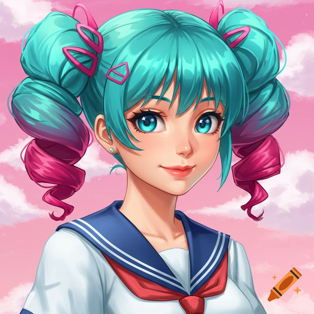 Anime portrait of a character with turquoise and pink pigtails in a sailor uniform against a pink sky.