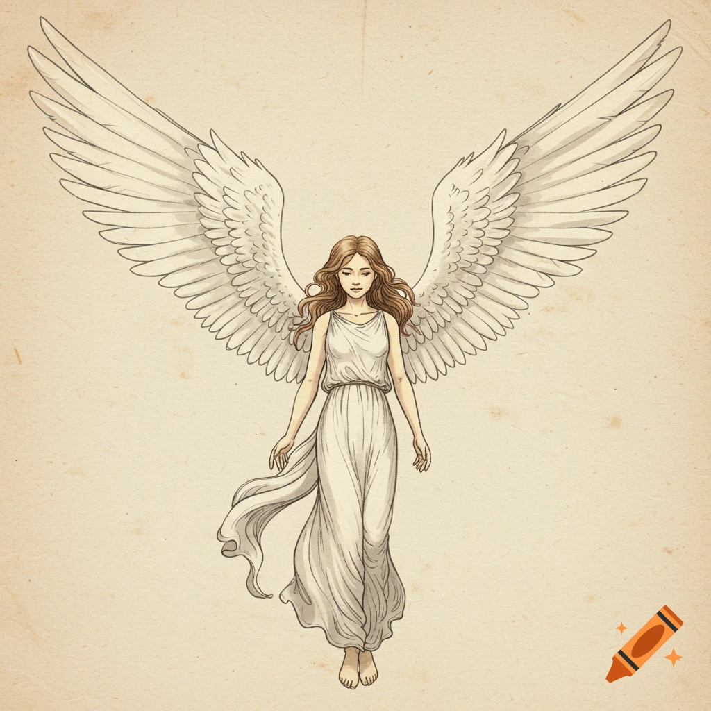 Drawing of an angel with large wings and a white dress