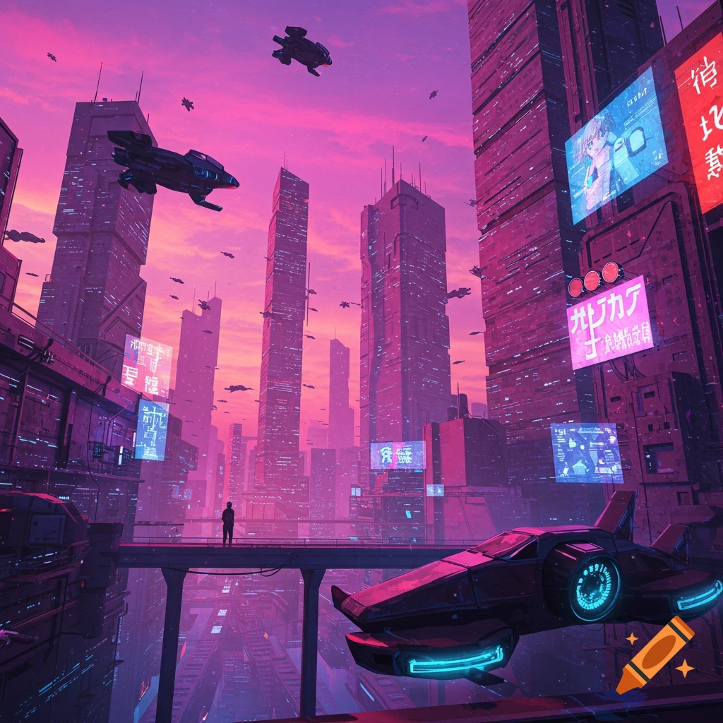 A person stands on a bridge overlooking a futuristic cyberpunk city with flying vehicles against a pink sky.
