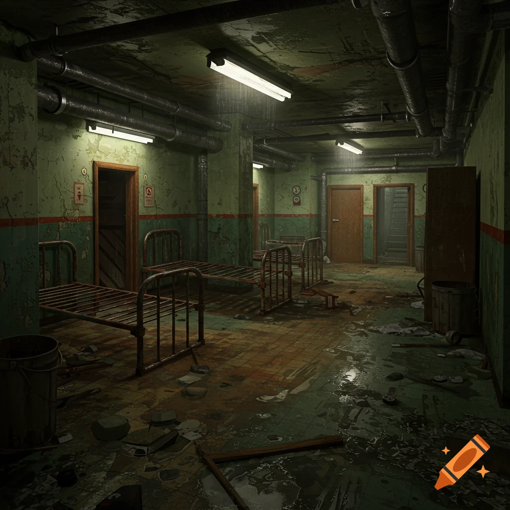 Abandoned, dilapidated room with metal beds, pipes, and debris on the floor. Photorealistic style.
