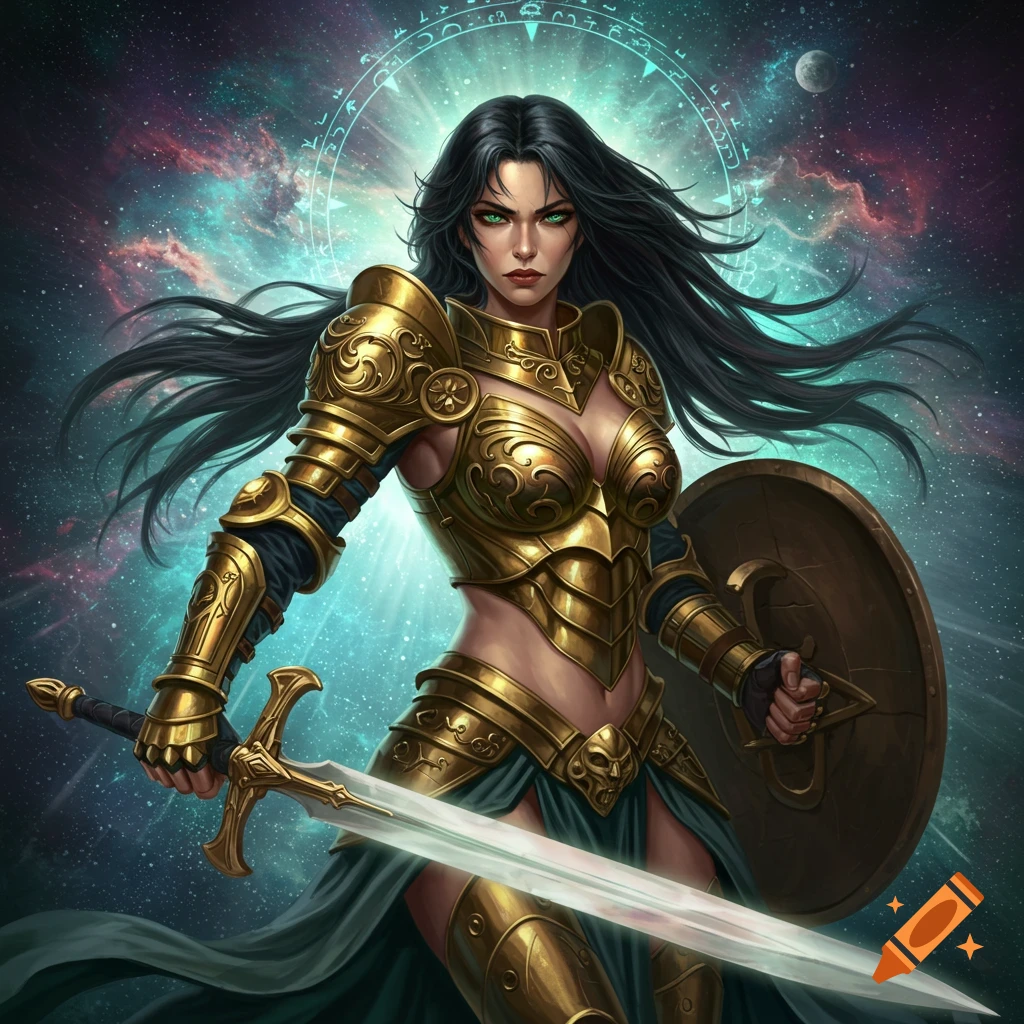 A female warrior in golden armor holds a sword and shield against a cosmic background with glowing symbols.