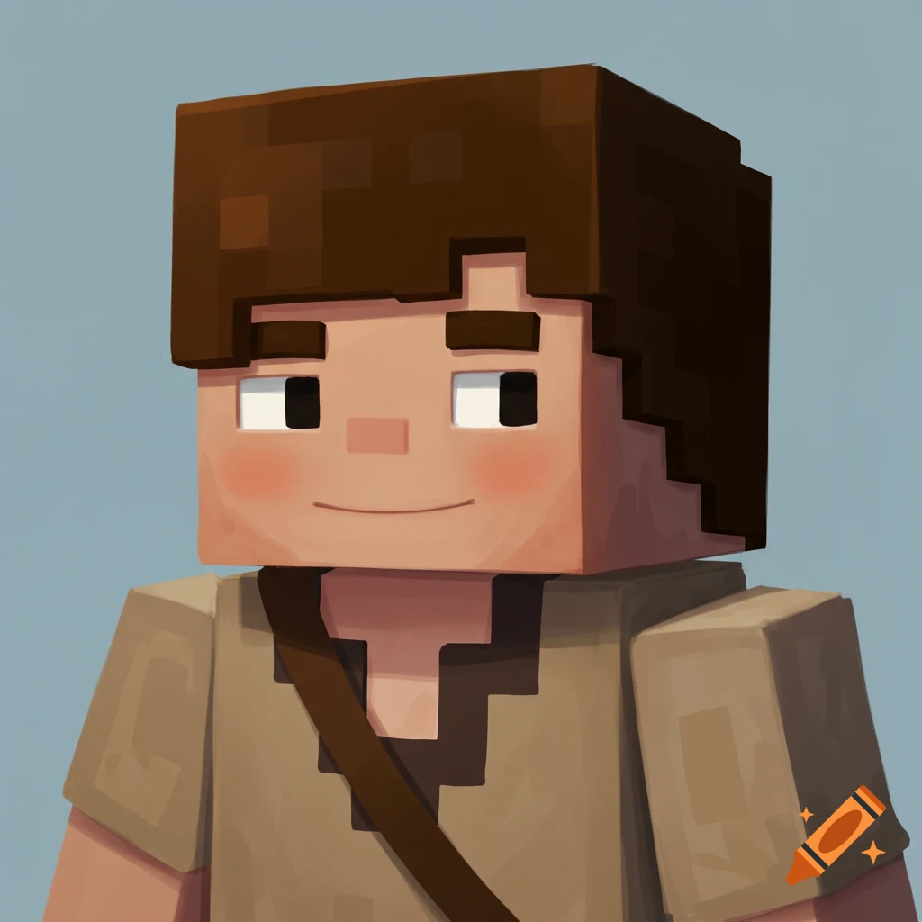 A blocky character in Minecraft style with brown hair and a tunic, smiling.