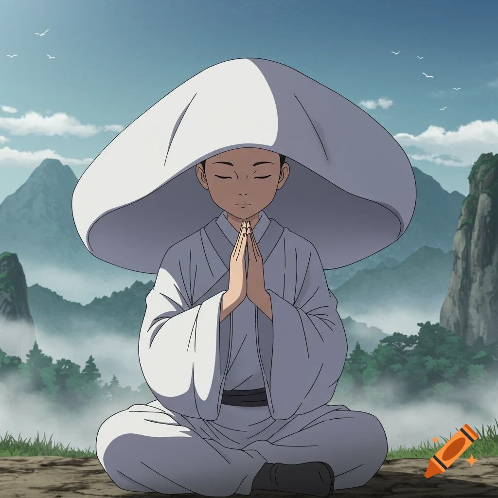 Anime style illustration of a monk meditating in a mountain landscape.