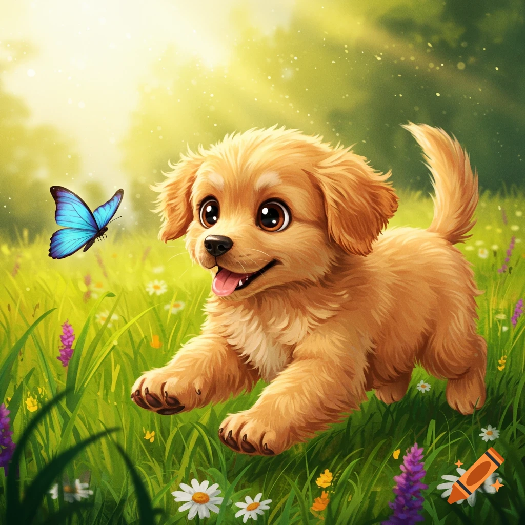 Cute illustrated puppy chases a blue butterfly through a sunny field of flowers.