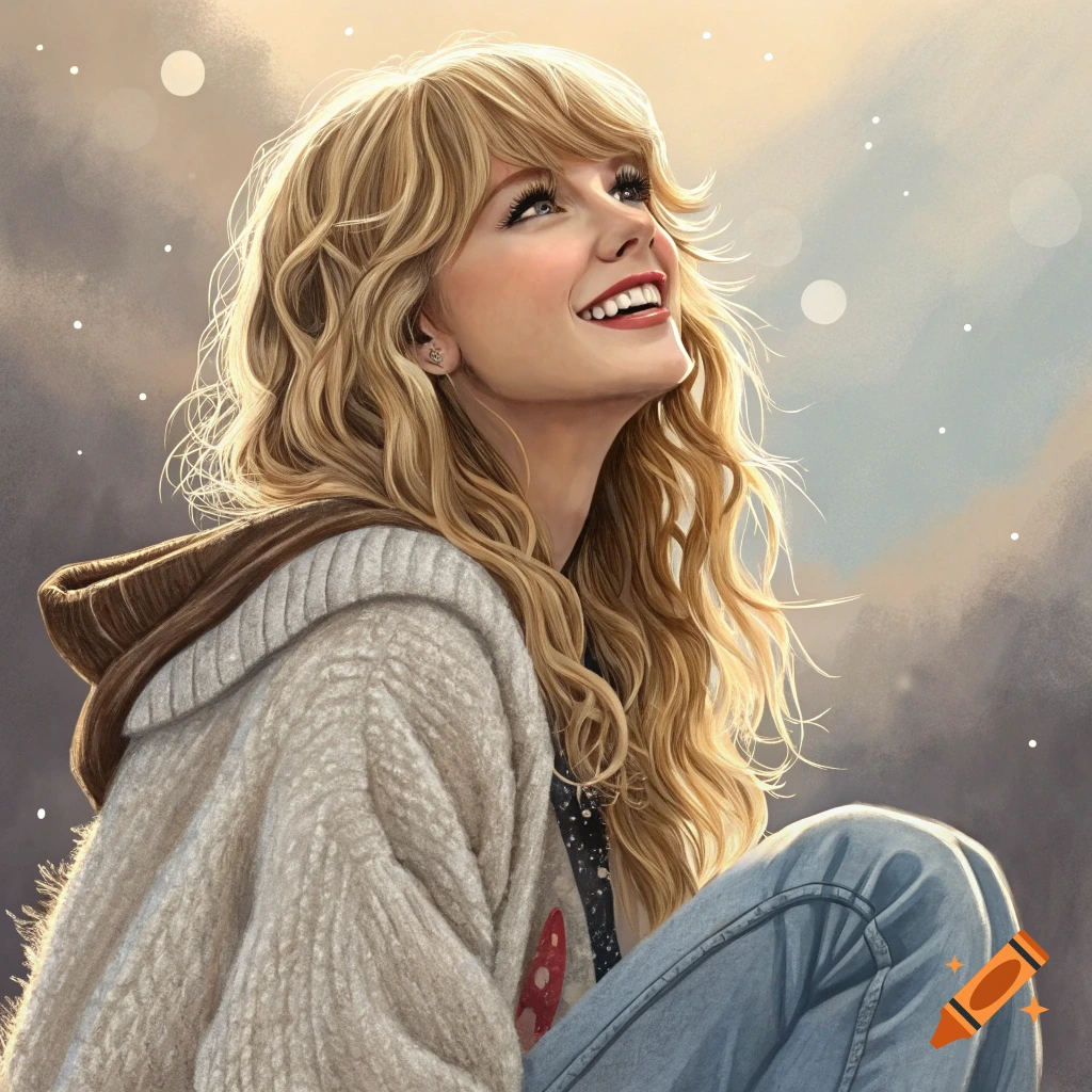 Illustration of a young woman resembling Taylor Swift looking up and smiling in a hooded sweater, outdoor setting.