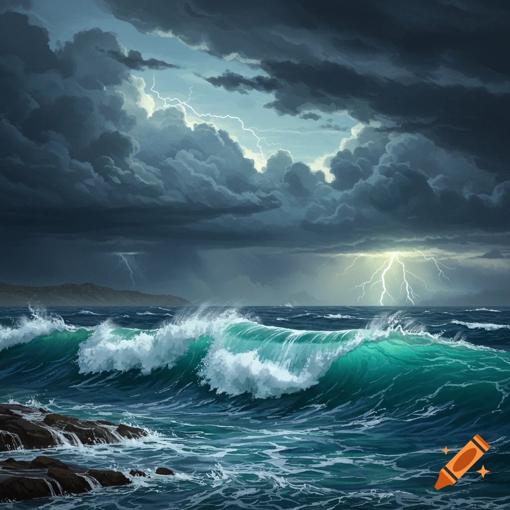 Oil Painting of the Rough Sea Hitting the Rocks, Clear Night