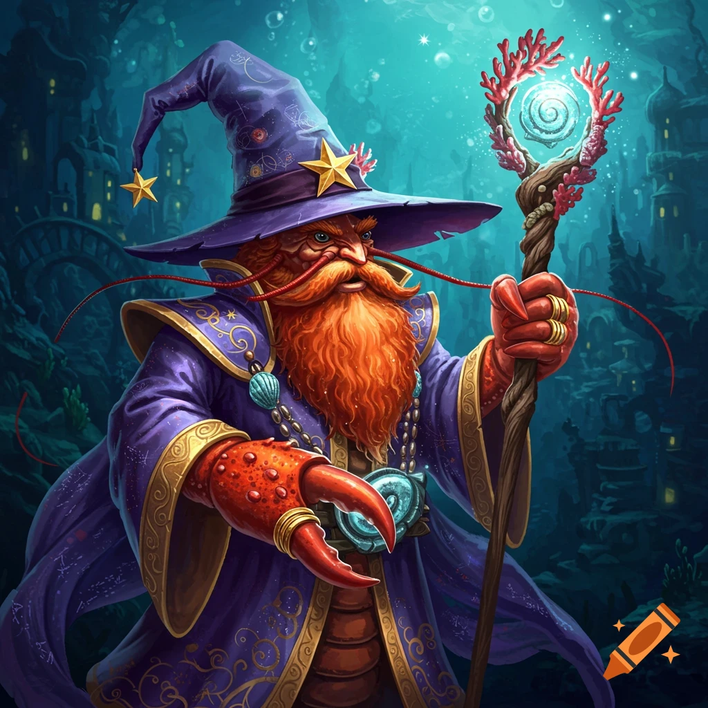 A fantasy illustration of a lobster wizard in a purple robe holding a staff in an underwater city.