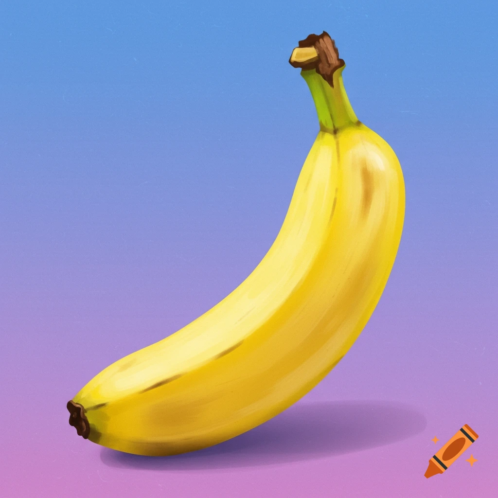 A single yellow banana against a blue and purple gradient background in a painterly style.