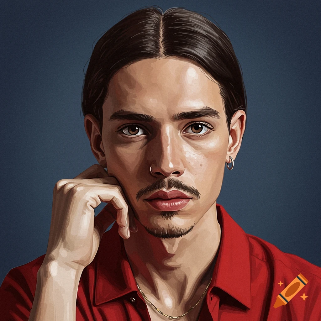 Digital illustration portrait of a young man with dark hair, mustache, goatee, nose ring, and earring, in a red shirt.