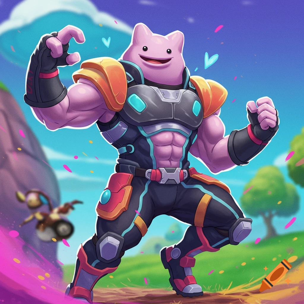 Buff pink Ditto in tactical armor strikes a pose in a grassy outdoor setting with confetti.