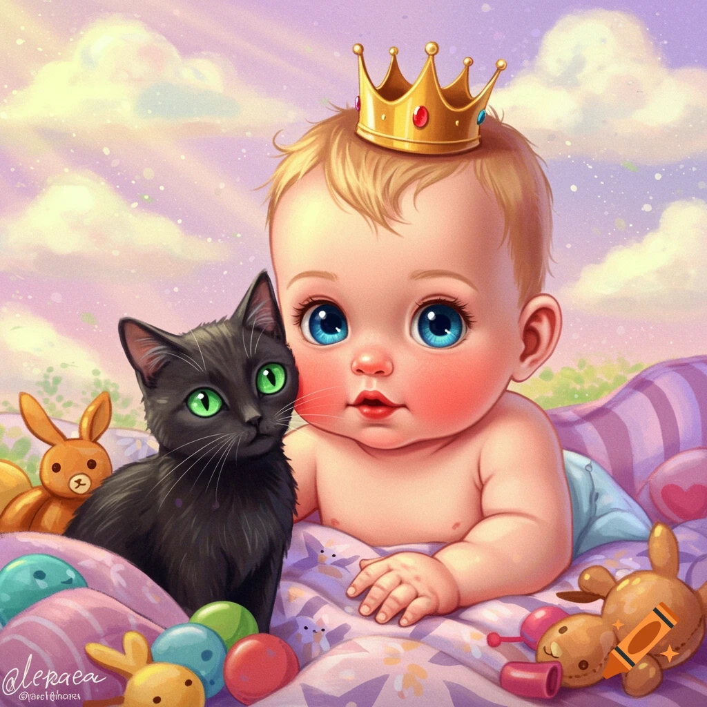 A cute baby wearing a crown next to a black cat, surrounded by toys and Easter eggs in a bright illustration style.
